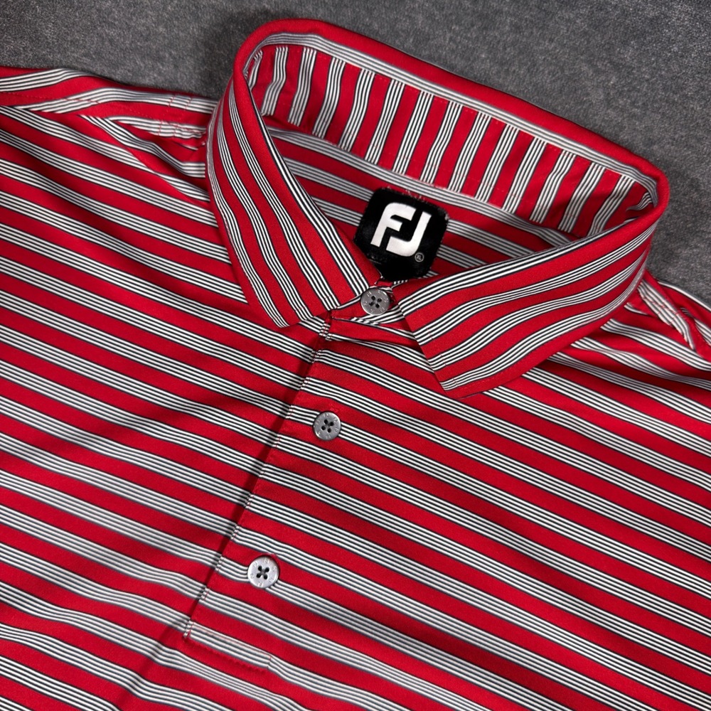 FootJoy Polo Shirt Mens XL Red White Black Striped Performance Golf Short Sleeve